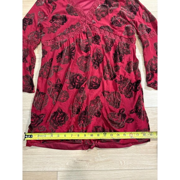 Entro Mini Dress Size S Red Wine Velvet Burnout Floral Bell Sleeve Lace Trim Tun - Picture 3 of 8